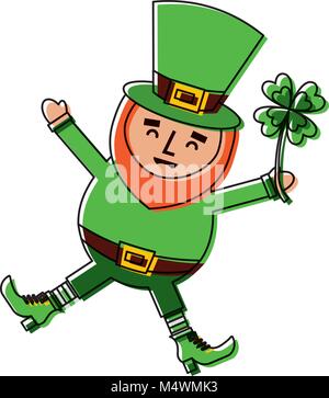 happy leprechaun jumping holding clover in hand Stock Vector