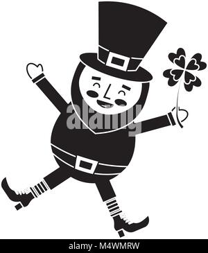 happy leprechaun jumping holding clover in hand Stock Vector