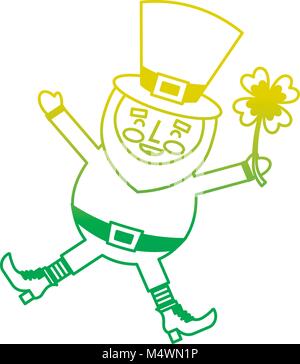 happy leprechaun jumping holding clover in hand Stock Vector