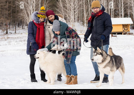 Full length portrait of two young couples walking beautiful husky dogs in winter woods Stock Photo