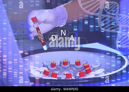 Analysis of dnk. A hand in a medical glove holds a test tube with DNA. Bacteriological studies in the laboratory. Spirals and blood molecules of DNA. 