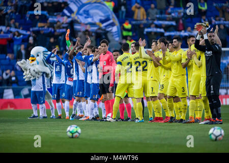 Barcelona, Spain. 18th Feb, 2018. RCD Espanyol and Villarreal players before the match between RCD Espanyol and Villarreal, for the round 24 of the Liga Santander, played at RCDE Stadium on 18th February 2018 in Barcelona, Spain. Credit: Gtres Información más Comuniación on line, S.L./Alamy Live News Stock Photo