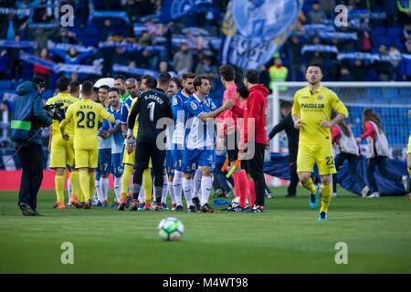 Barcelona, Spain. 18th Feb, 2018. RCD Espanyol and Villarreal players before the match between RCD Espanyol and Villarreal, for the round 24 of the Liga Santander, played at RCDE Stadium on 18th February 2018 in Barcelona, Spain. Credit: Gtres Información más Comuniación on line, S.L./Alamy Live News Stock Photo