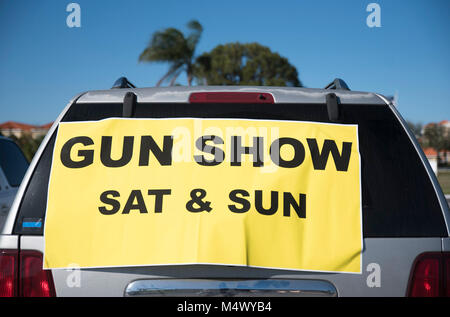 Palm Beach Gardens, Florida, USA. 18th Feb, 2018. Pictured is a sign announcing the Brooklyn Firearms show at the Amara Shrine Temple in Palm Beach Gardens, Fla., seen on Sunday, February 18, 2018. Credit: Andres Leiva/The Palm Beach Post/ZUMA Wire/Alamy Live News Stock Photo