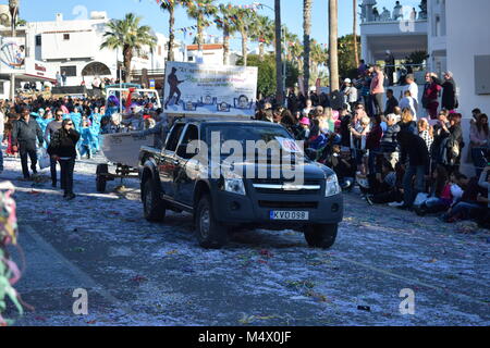 Paphos, Cyprus. 18th Feb, 2018. Paphos Carnival 2018 is a traditional, annual street carnival  - Sunday 18th February. This was originally scheduled to be held on Saturday, but heavy rain postponed it for a day, and it was moved to the 18th on the Mayor's orders. Most of the floats were staffed by local businesses and organisations. Stock Photo