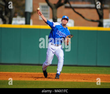 FedEx Park. 18th Feb, 2018. TN, USA; Memphis Tigers INF, Alec Trela (29), throws to 1st during the match up with WKU. Western Kentucky defeated the Memphis Tigers, 3-1, at FedEx Park. Kevin Lanlgey/CSM/Alamy Live News Stock Photo