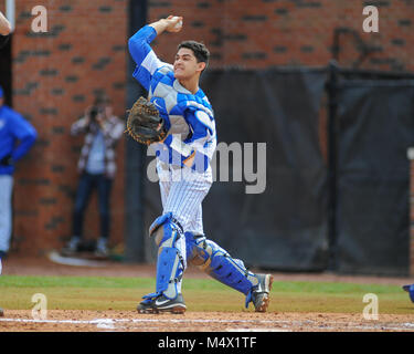 FedEx Park. 18th Feb, 2018. TN, USA; Memphis Tigers C, Jason Santana (32), throws to 2nd during the NCAA D1 match up with WKU. Western Kentucky defeated the Memphis Tigers, 3-1, at FedEx Park. Kevin Lanlgey/CSM/Alamy Live News Stock Photo