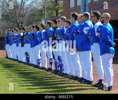 FedEx Park. 18th Feb, 2018. TN, USA; Memphis Tigers stand for the National Anthem before the NCAA D1 match up with WKU. Western Kentucky defeated the Memphis Tigers, 3-1, at FedEx Park. Kevin Lanlgey/CSM/Alamy Live News Stock Photo