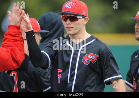 FedEx Park. 18th Feb, 2018. TN, USA; Western Kentucky Hilltoppers OF, Dillon Nelson (5), is congratulated by his teammates during the match up with Memphis. Western Kentucky defeated the Memphis Tigers, 3-1, at FedEx Park. Kevin Lanlgey/CSM/Alamy Live News Stock Photo