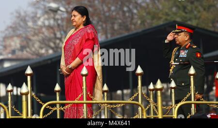 (180219) -- KATHMANDU, Feb. 19, 2018 (Xinhua) -- Nepal's President Bidhya Devi Bhandari (L) attends the National Democracy Day celebration at Tundikhel in Kathmandu, Nepal, February 19, 2018. The 68th Democracy Day was being observed Monday with various programs across Nepal to commemorate the day when the nation achieved freedom from the Rana regime. (Xinhua/Sunil Sharma)(srb) Stock Photo