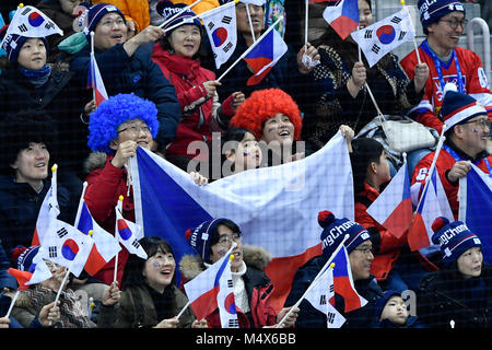 Kangnung, Korea. 17th Feb, 2018. Ice hockey fans in action during the Canada vs Czech Republic ice hockey match within the 2018 Winter Olympics in Gangneung, South Korea, February 17, 2018. Credit: Michal Kamaryt/CTK Photo/Alamy Live News Stock Photo