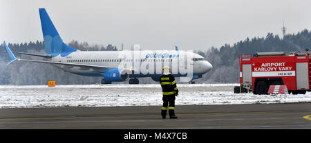 Karlovy Vary, Czech Republic. 17th Feb, 2018. The first flight of Russian Pobeda company from Moscow to Karlovy Vary arrived in Karlovy Vary, Czech Republic, on February 17, 2018. Credit: Slavomir Kubes/CTK Photo/Alamy Live News Stock Photo