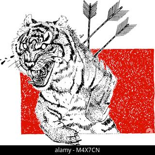 Hand drawn aggressive tiger with arrows and tears. Tattoo theme. Vector sketch illustration. Stock Vector