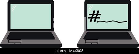 Vector set of two laptop computers icons isolated on white background. One in blank and the second with a hashtag. Stock Vector