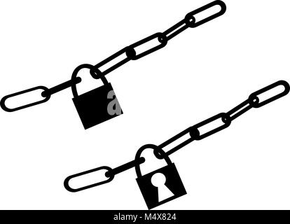 Set of two Illustrations or vectors of a chain with a padlock isolated on a white background. Icon in black. Stock Vector