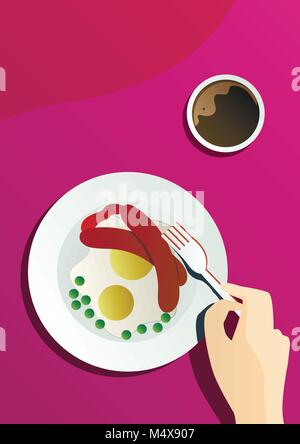 Vector flat poster catering party with people hands and a plate with dishes from the menu, sausages,t fried eggs, green peas and coffee, top view bann Stock Vector