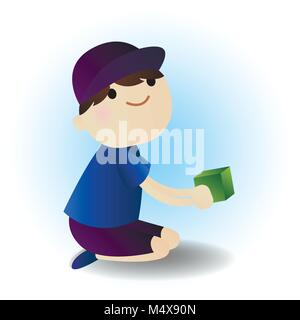 Cute little boy in cap sitting on the floor playing with block toy, kid learning through fun and play colorful cartoon vector Illustration Stock Vector