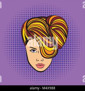Beautiful woman face in cartoon pop art style, vector hairstyle promo banner Stock Vector