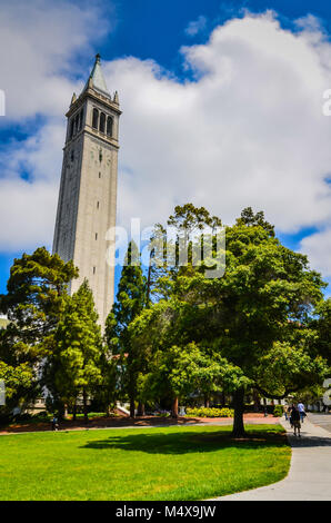 Sather Tower is a campanile - bell tower - on the University of California, Berkeley campus in Berkeley, CA. Stock Photo