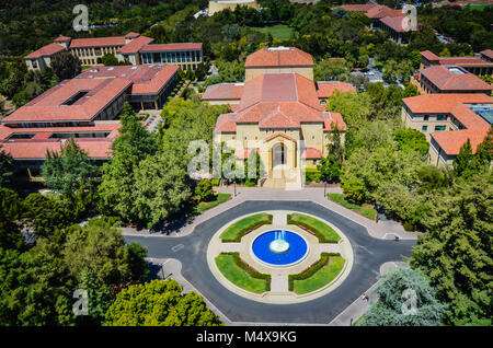 Palo Alto, CA. Aerial view of Stanford University and one of its 25 fountains, where students practice beloved tradition of fountain hopping. Stock Photo