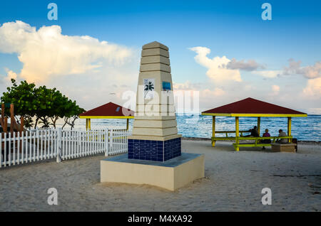 Monument marker at Bodden Town Beach in the Grand Cayman islands. Stock Photo