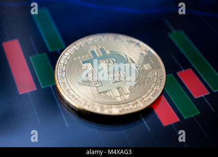 golden bitcoin coin on us dollars close up Stock Photo