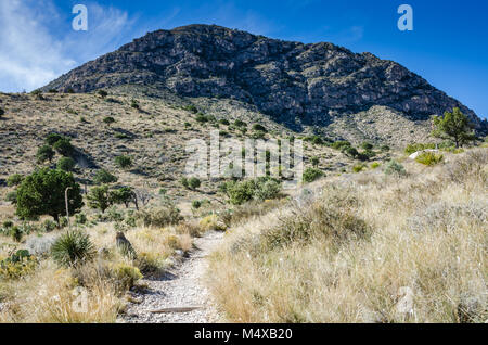 Rugged hiking trail to Devils Hall rock formation at Guadalupe Mountains National Park in Texas. Stock Photo