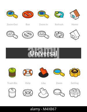 Set of isometric icons in otline style, colored and black versions Stock Vector