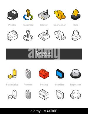 Set of isometric icons in otline style, colored and black versions Stock Vector