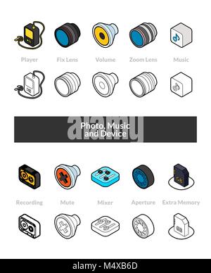 Set of isometric icons in otline style, colored and black versions Stock Vector