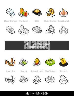 Set of isometric icons in otline style, colored and black versions Stock Vector