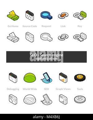 Set of isometric icons in otline style, colored and black versions Stock Vector