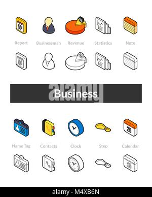Set of isometric icons in otline style, colored and black versions Stock Vector