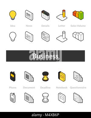 Set of isometric icons in otline style, colored and black versions Stock Vector