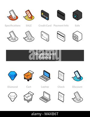 Set of isometric icons in otline style, colored and black versions Stock Vector