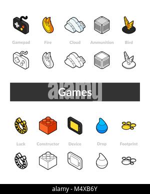 Set of isometric icons in otline style, colored and black versions Stock Vector