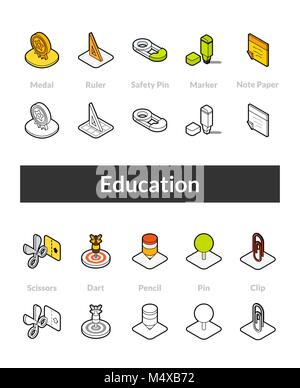 Set of isometric icons in otline style, colored and black versions Stock Vector