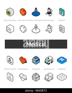 Set of isometric icons in otline style, colored and black versions Stock Vector