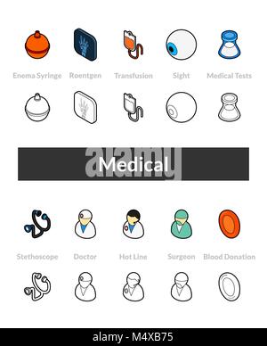 Set of isometric icons in otline style, colored and black versions Stock Vector