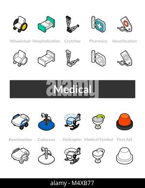 Set of isometric icons in otline style, colored and black versions Stock Vector