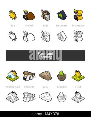 Set of isometric icons in otline style, colored and black versions Stock Vector