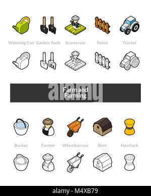 Set of isometric icons in otline style, colored and black versions Stock Vector