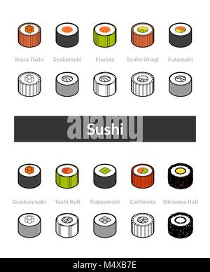 Set of isometric icons in otline style, colored and black versions Stock Vector
