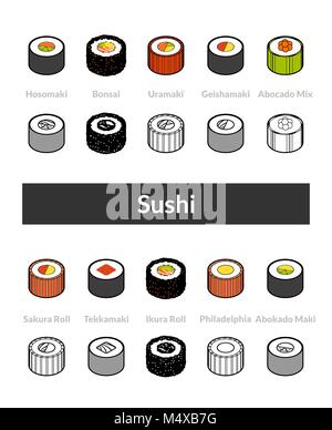 Set of isometric icons in otline style, colored and black versions Stock Vector