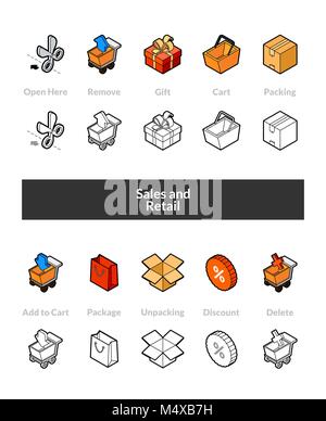 Set of isometric icons in otline style, colored and black versions Stock Vector