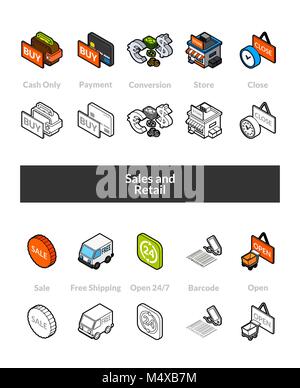 Set of isometric icons in otline style, colored and black versions Stock Vector