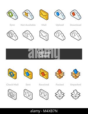 Set of isometric icons in otline style, colored and black versions Stock Vector