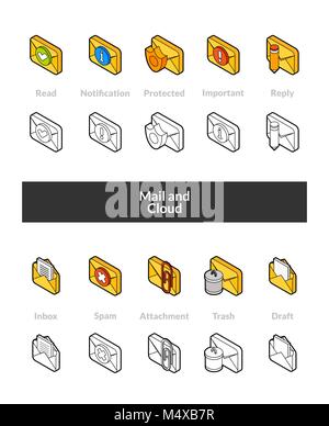 Set of isometric icons in otline style, colored and black versions Stock Vector