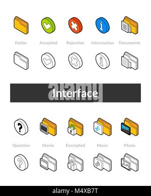 Set of isometric icons in otline style, colored and black versions Stock Vector