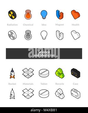 Set of isometric icons in otline style, colored and black versions Stock Vector